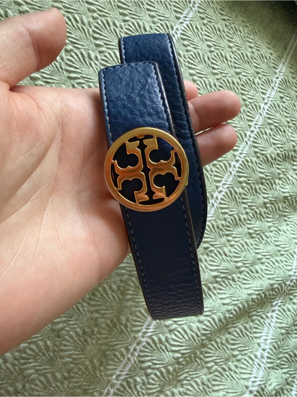 Tory Burch Navy Leather Belt with Gold-Tone Logo Medallion